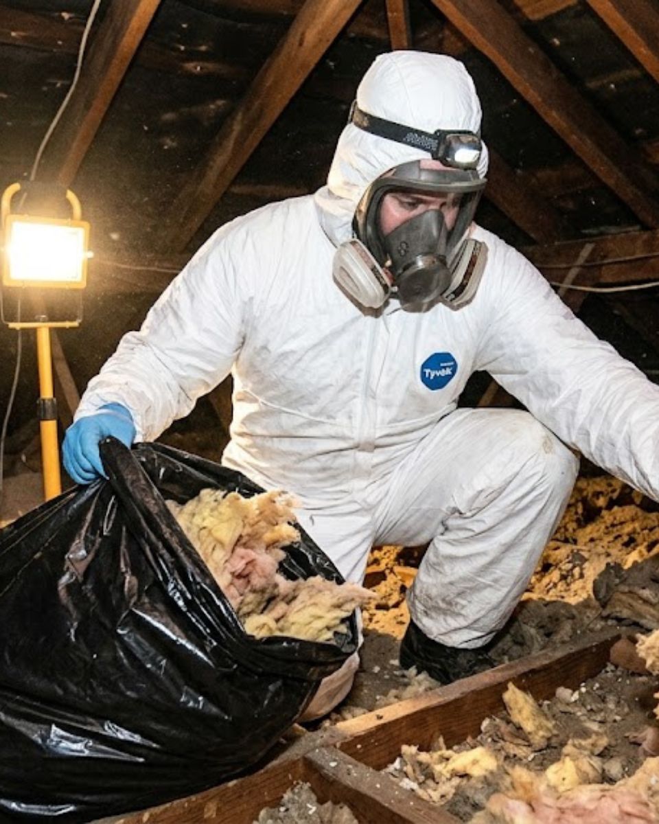 Attic rodent cleanup and sanitization — technician with HEPA vacuum in contaminated Waco attic