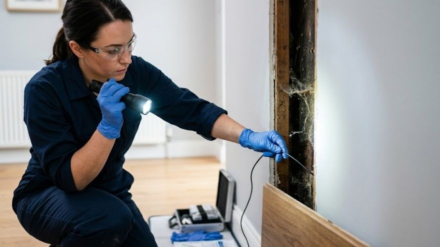 Technician using flashlight to locate dead rodent in wall cavity — dead rat removal service in Waco, TX