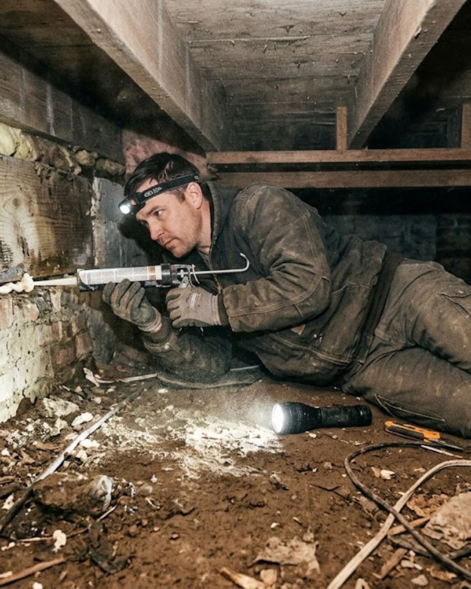 Crawl space rodent sealing — technician inspecting pier-and-beam crawl space foundation vent in Waco