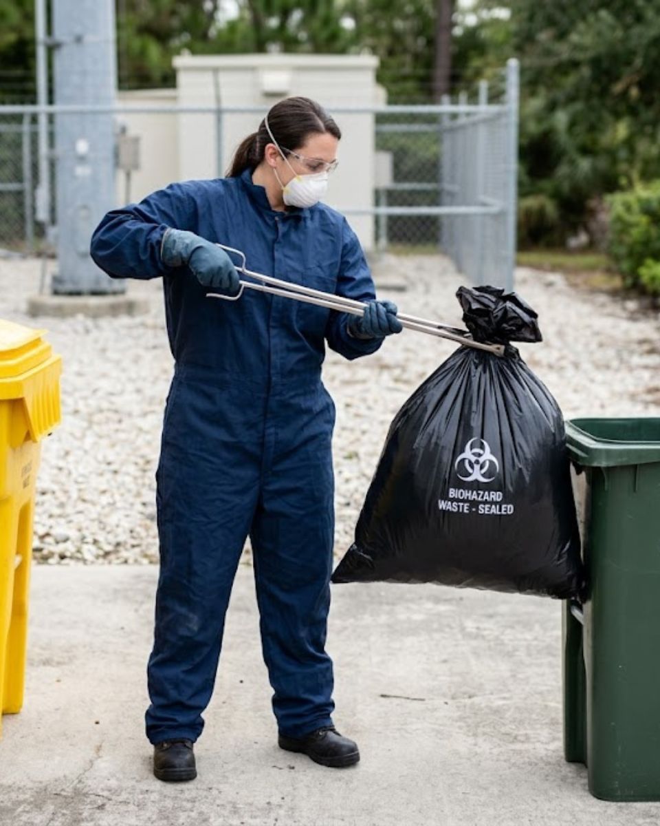 Dead rodent removal service — technician probing wall cavity to locate rodent carcass in Waco home