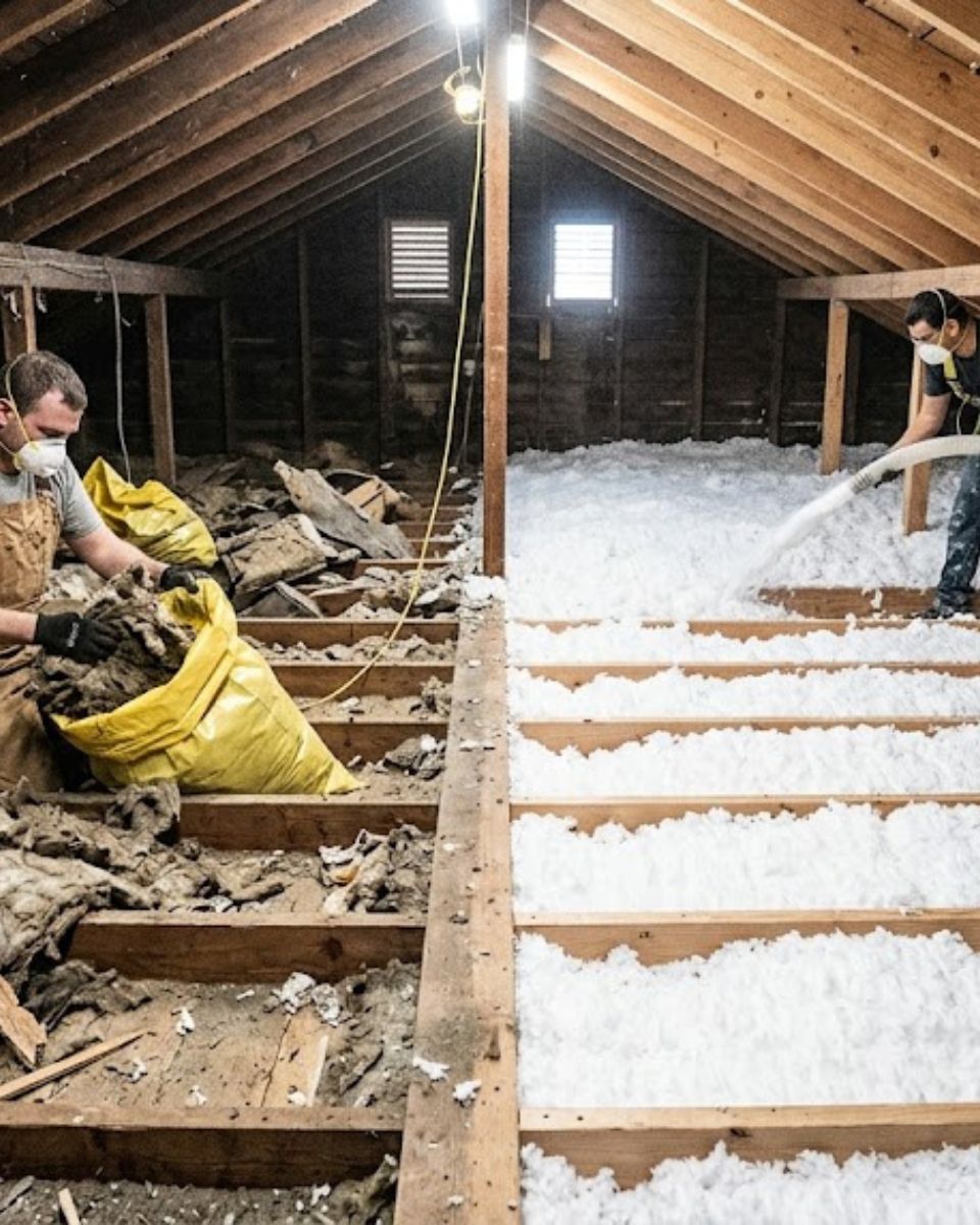Insulation replacement after rodent damage — compressed contaminated insulation beside fresh blown-in insulation in Waco attic