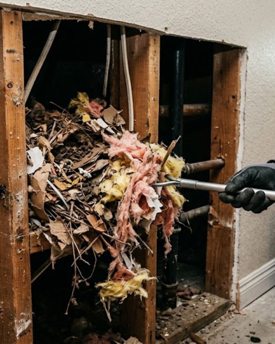 Rat nest removal — roof rat nest in Waco attic insulation showing shredded nesting material