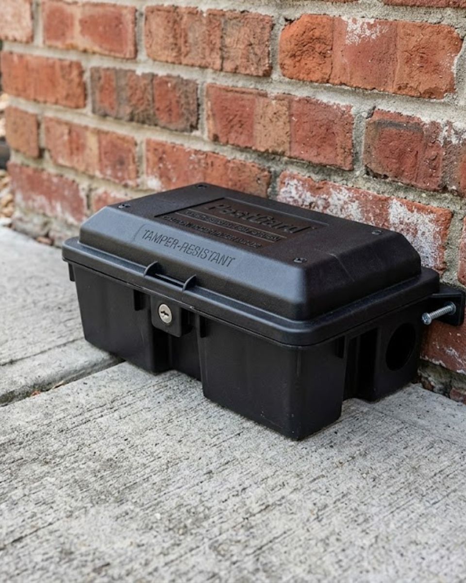 Rodent bait station installation — tamper-resistant station being serviced at Waco commercial property perimeter