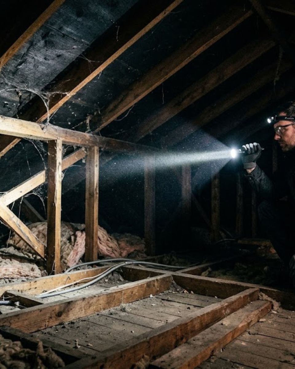Free rodent inspection in Waco — technician with flashlight documenting findings in attic