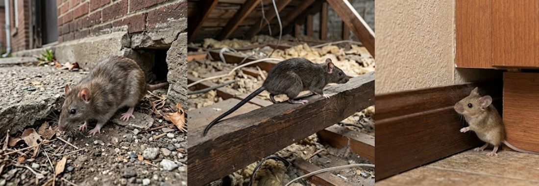Norway rat, roof rat, and house mouse comparison — three rodent species found in Waco, TX